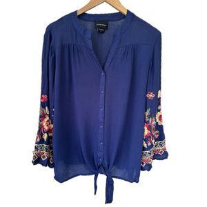 Liv Los Angeles Semi Sheer Embroidered Wide Sleeve Button Front Tie Blouse L